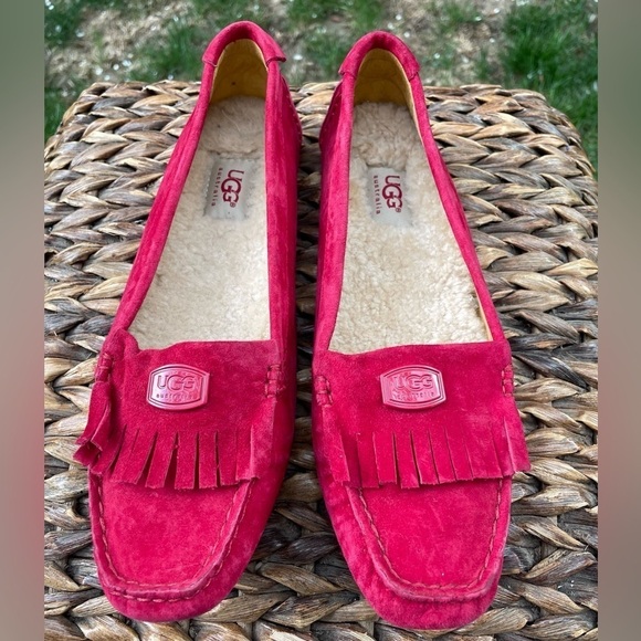 NEW Ugg Red Suede Leather Sheepskin Lined Hard sole Oydssa Driving Moccasins - Picture 4 of 9